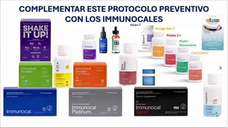 Immunocal skincare product line displayed with bottles, jars, and boxes in various sizes and colors for preventive protocol