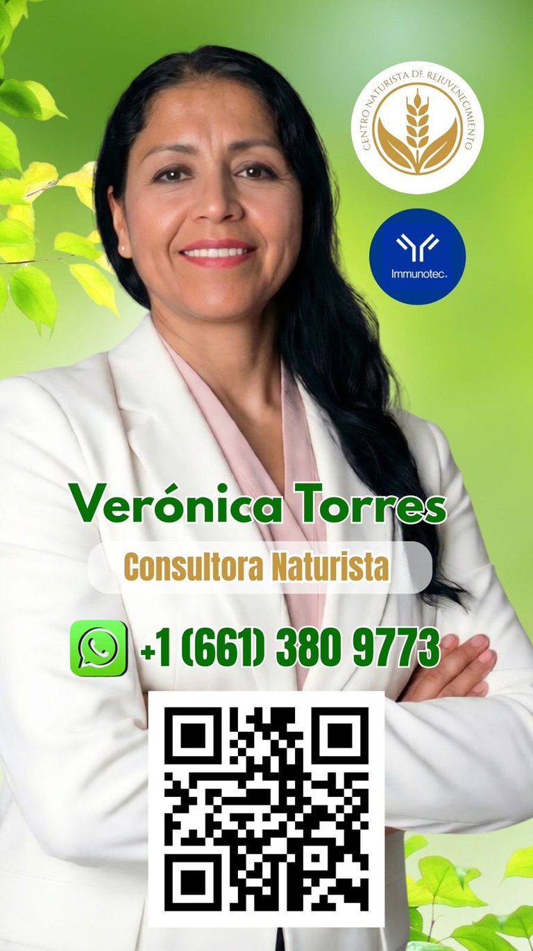Professional headshot of Verónica Torres, Consultora Naturista, wearing white coat with contact information and QR code on green leafy background