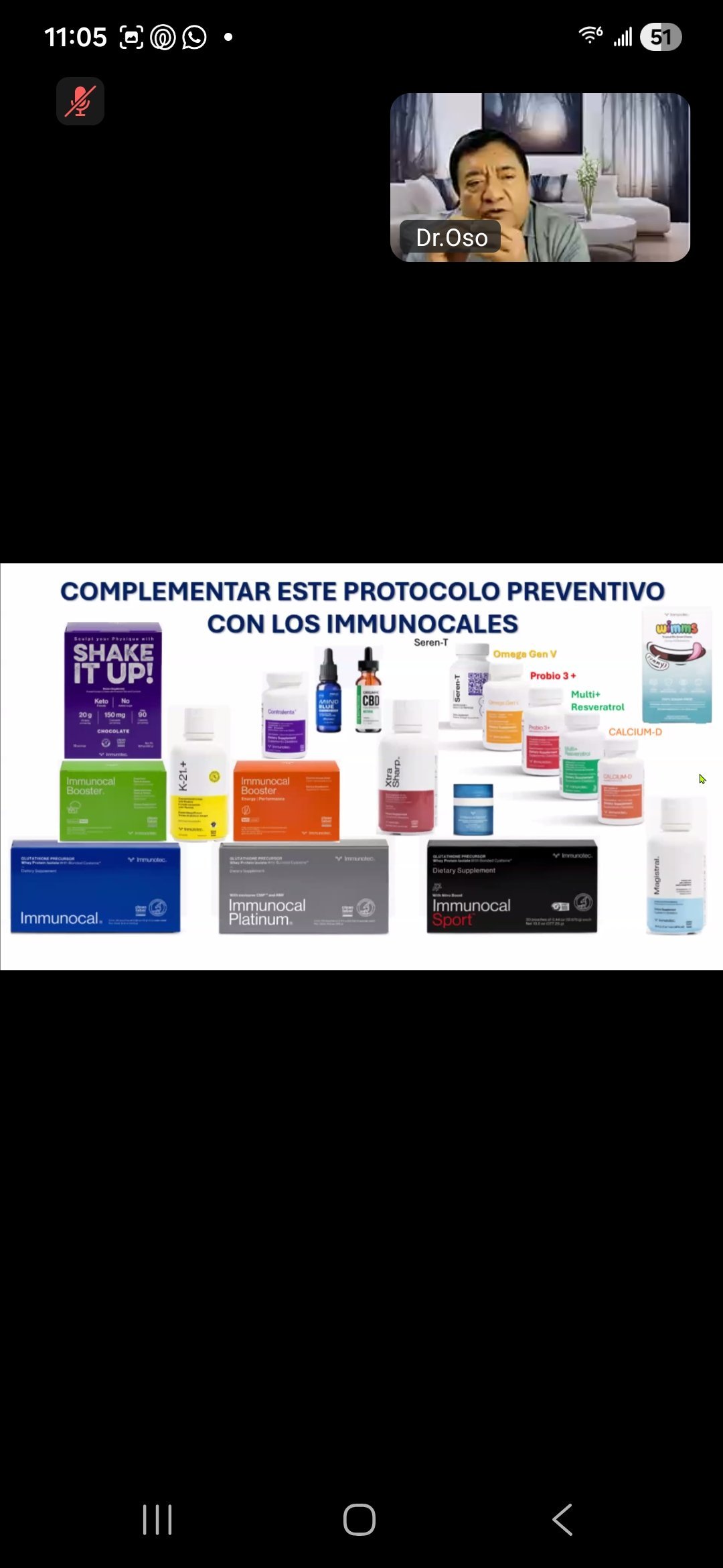 Screenshot showing Dr. Oso video call with immune system supplement products displayed below. Spanish text reads Complement this preventive protocol with immunologicals. Various colorful supplement bottles and packages are arranged on a dark background.